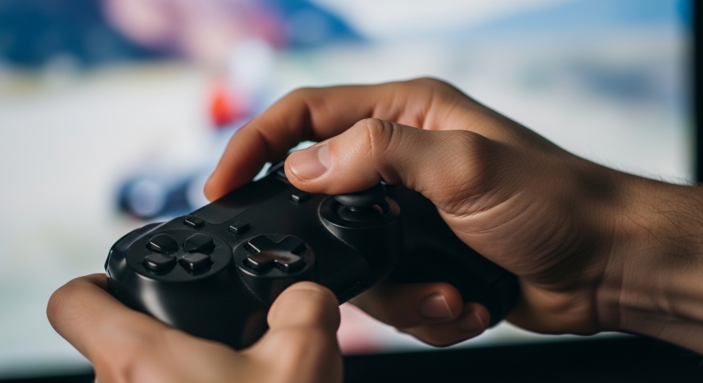 Close up of a gamer playing intense boys games